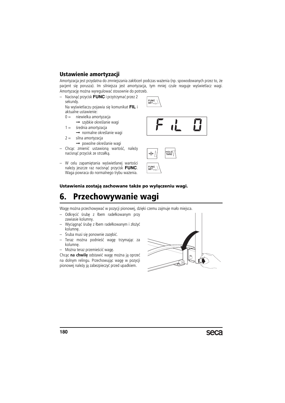 Ustawienie amortyzacji, Przechowywanie wagi | Seca 665 User Manual | Page 180 / 188