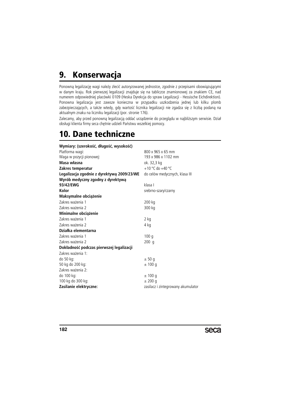 Konserwacja, Dane techniczne | Seca 665 User Manual | Page 182 / 188