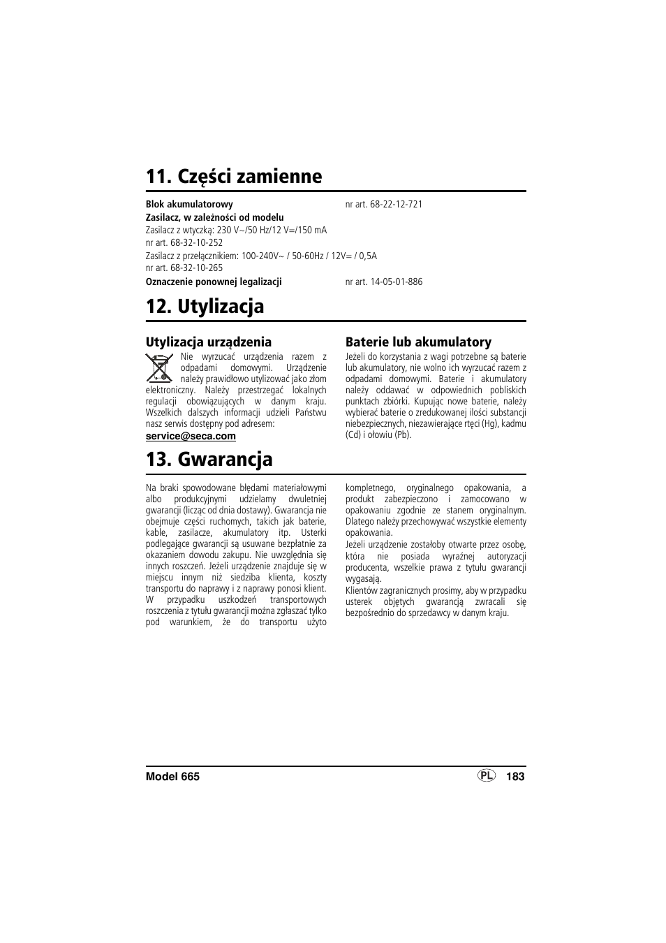 Części zamienne, Utylizacja, Utylizacja urządzenia | Baterie lub akumulatory, Gwarancja | Seca 665 User Manual | Page 183 / 188