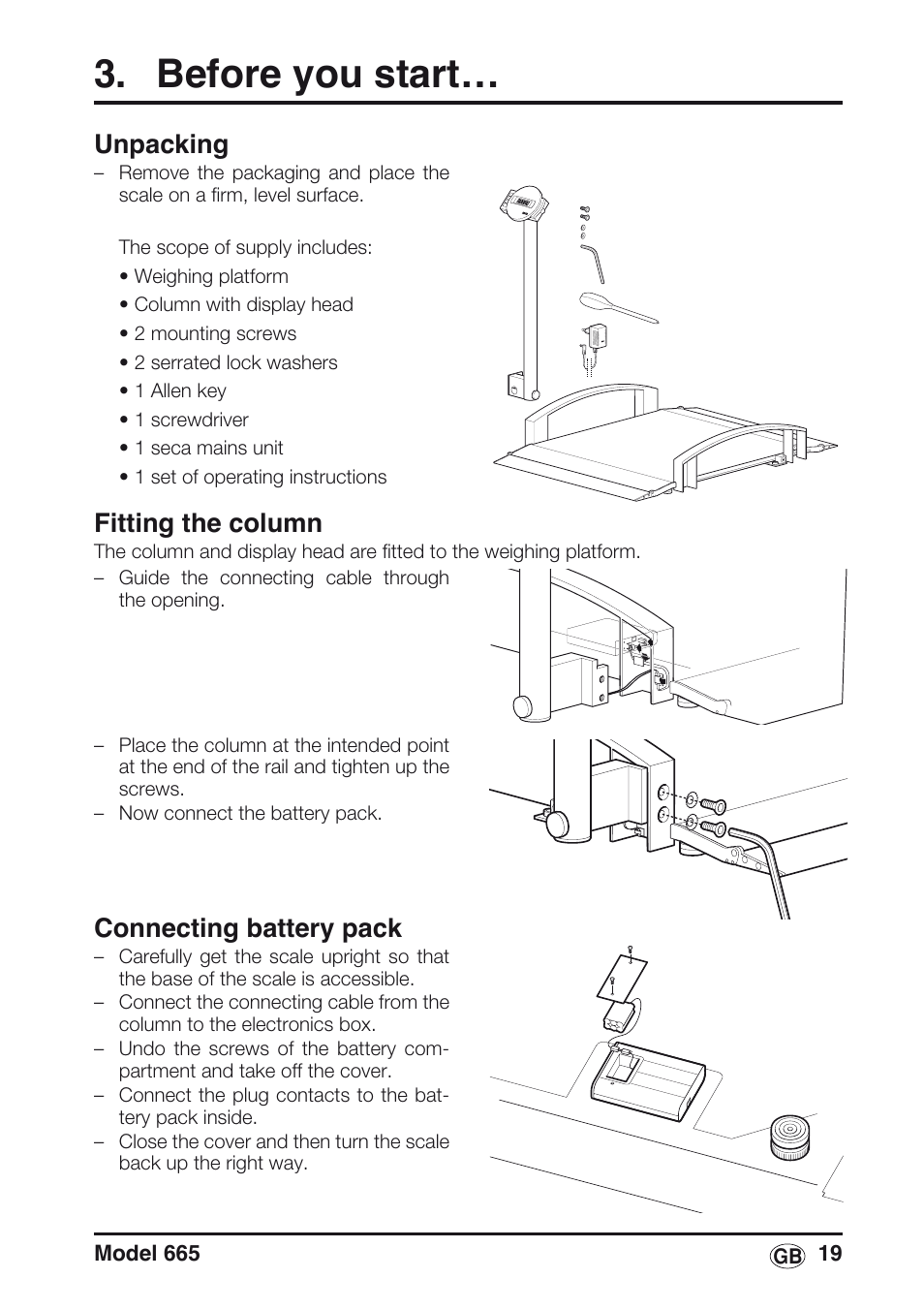 Before you start, Unpacking, Fitting the column | Connecting battery pack | Seca 665 User Manual | Page 19 / 188