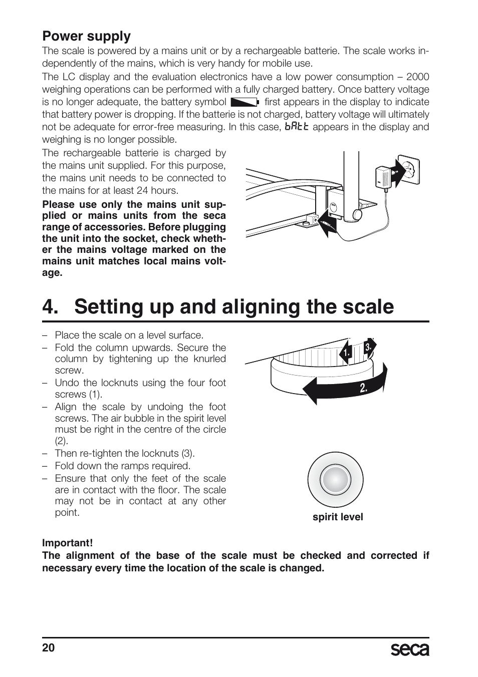 Power supply, Setting up and aligning the scale, Libelle | Seca 665 User Manual | Page 20 / 188