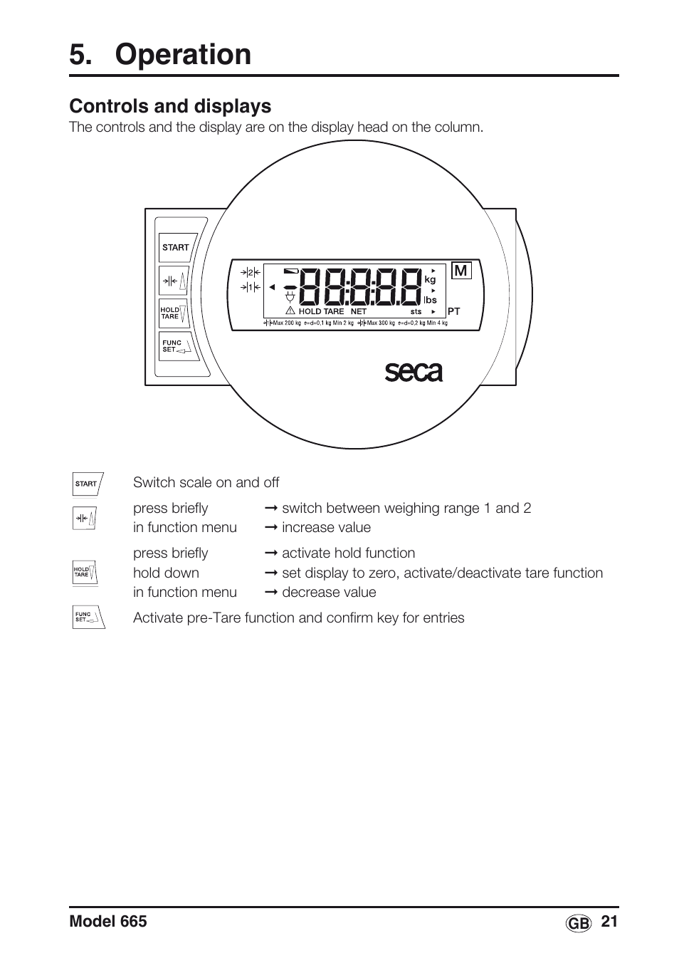 Operation, Controls and displays | Seca 665 User Manual | Page 21 / 188