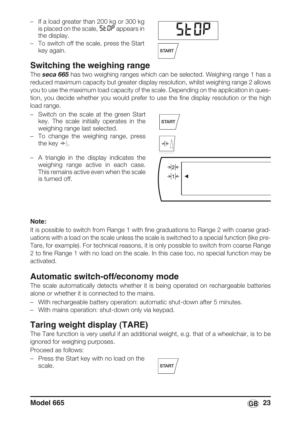 Switching the weighing range, Automatic switch-off/economy mode, Taring weight display (tare) | Seca 665 User Manual | Page 23 / 188