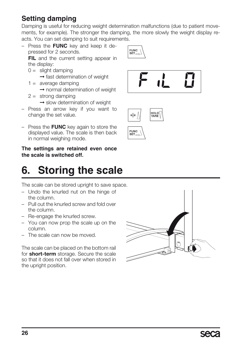 Setting damping, Storing the scale | Seca 665 User Manual | Page 26 / 188