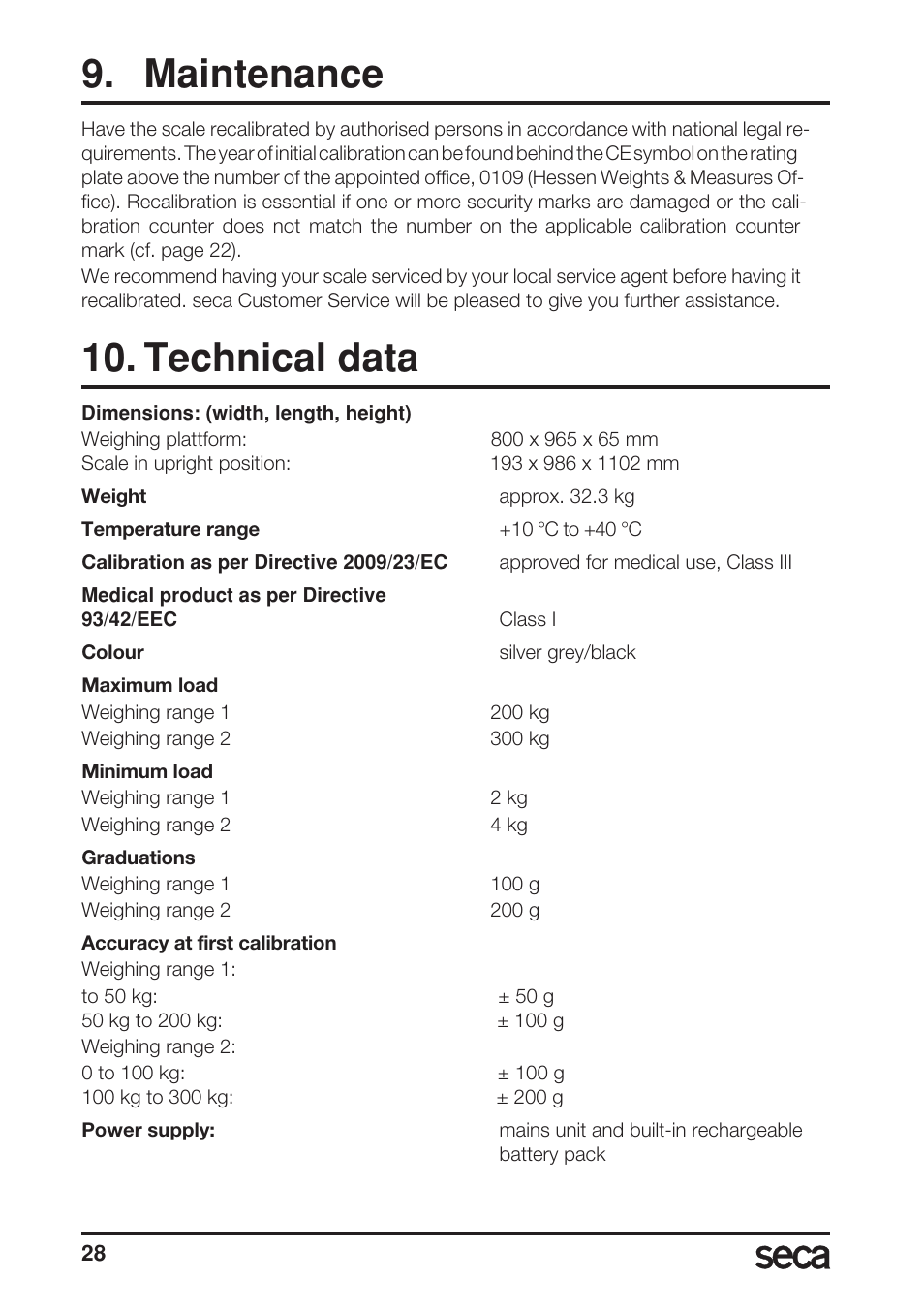 Maintenance, Technical data | Seca 665 User Manual | Page 28 / 188