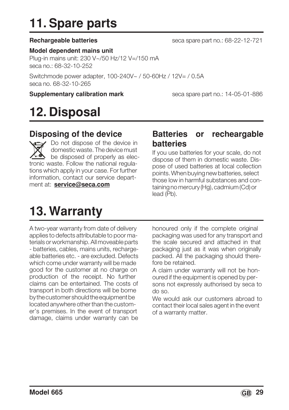 Spare parts, Disposal, Disposing of the device | Batteries and recheargable batteries, Warranty | Seca 665 User Manual | Page 29 / 188