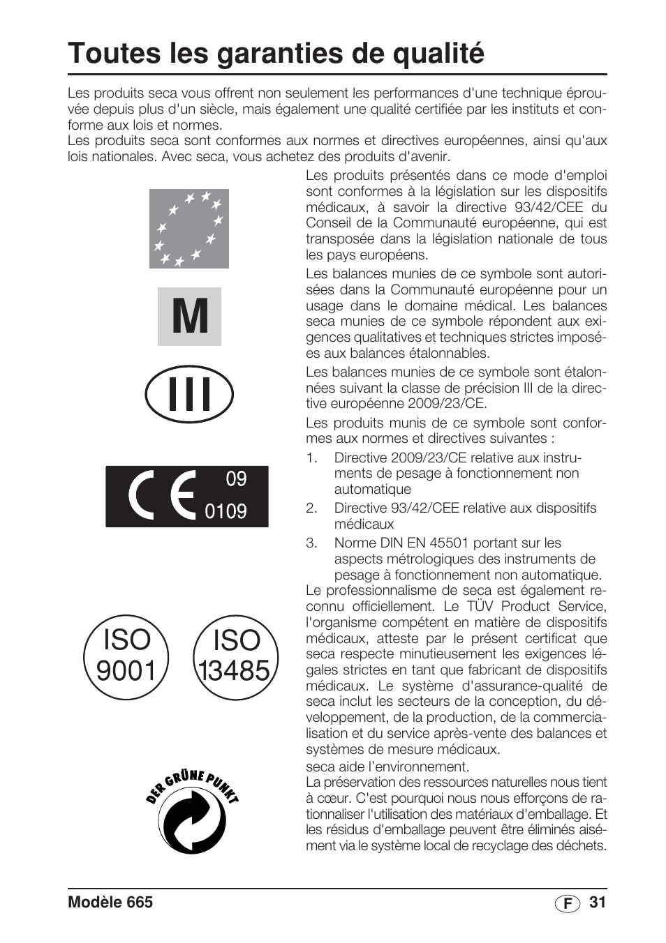 Français, Toutes les garanties de qualité | Seca 665 User Manual | Page 31 / 188
