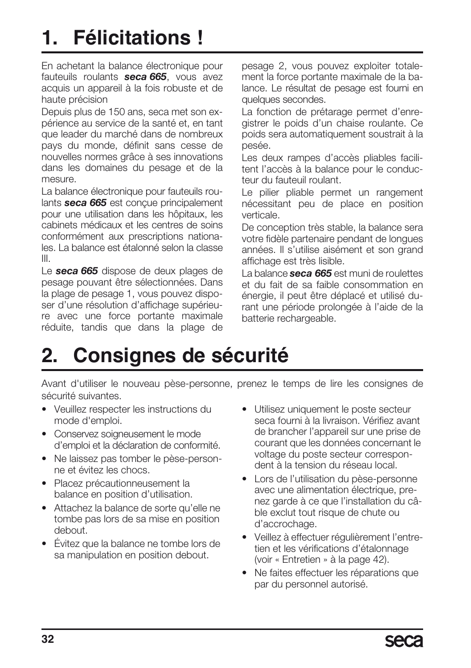 Félicitations, Consignes de sécurité | Seca 665 User Manual | Page 32 / 188