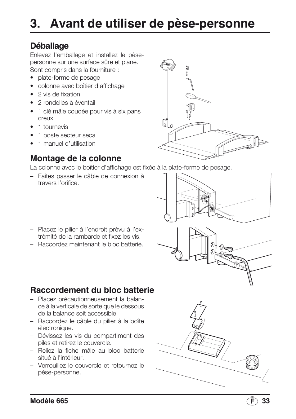 Avant de utiliser de pèse-personne, Déballage, Montage de la colonne | Raccordement du bloc batterie | Seca 665 User Manual | Page 33 / 188