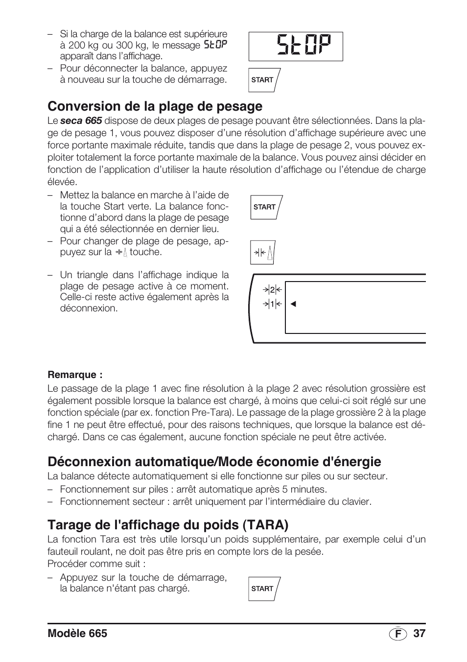 Conversion de la plage de pesage, Déconnexion automatique/mode économie d'énergie, Tarage de l'affichage du poids (tara) | Seca 665 User Manual | Page 37 / 188