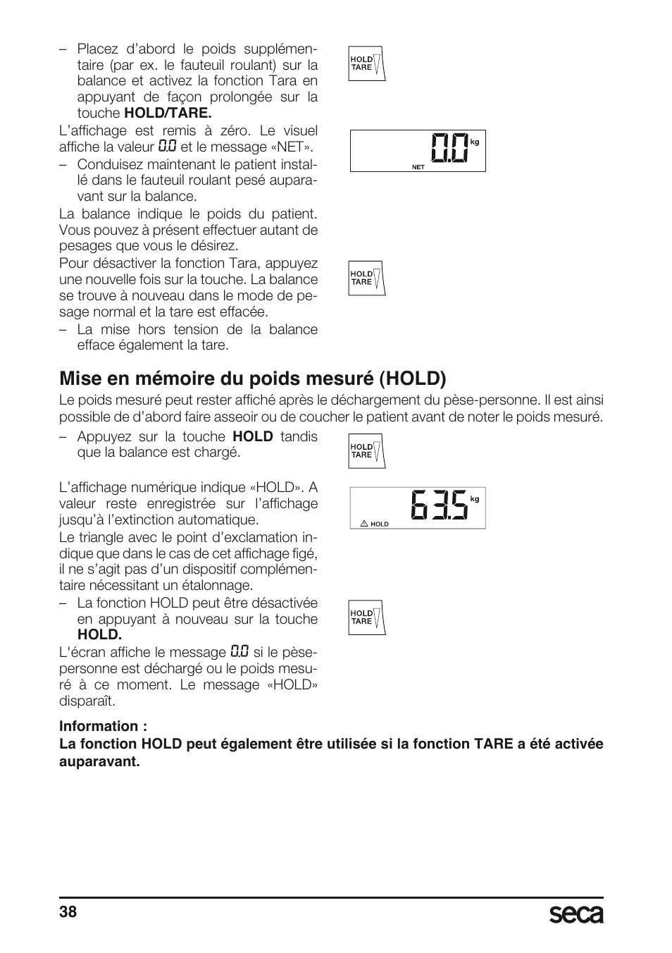 Mise en mémoire du poids mesuré (hold) | Seca 665 User Manual | Page 38 / 188