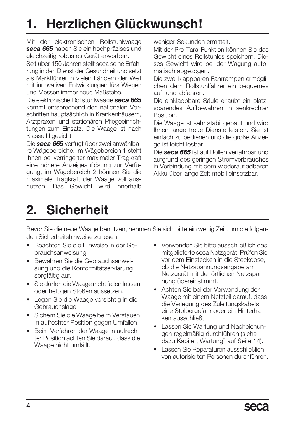 Herzlichen glückwunsch, Sicherheit | Seca 665 User Manual | Page 4 / 188