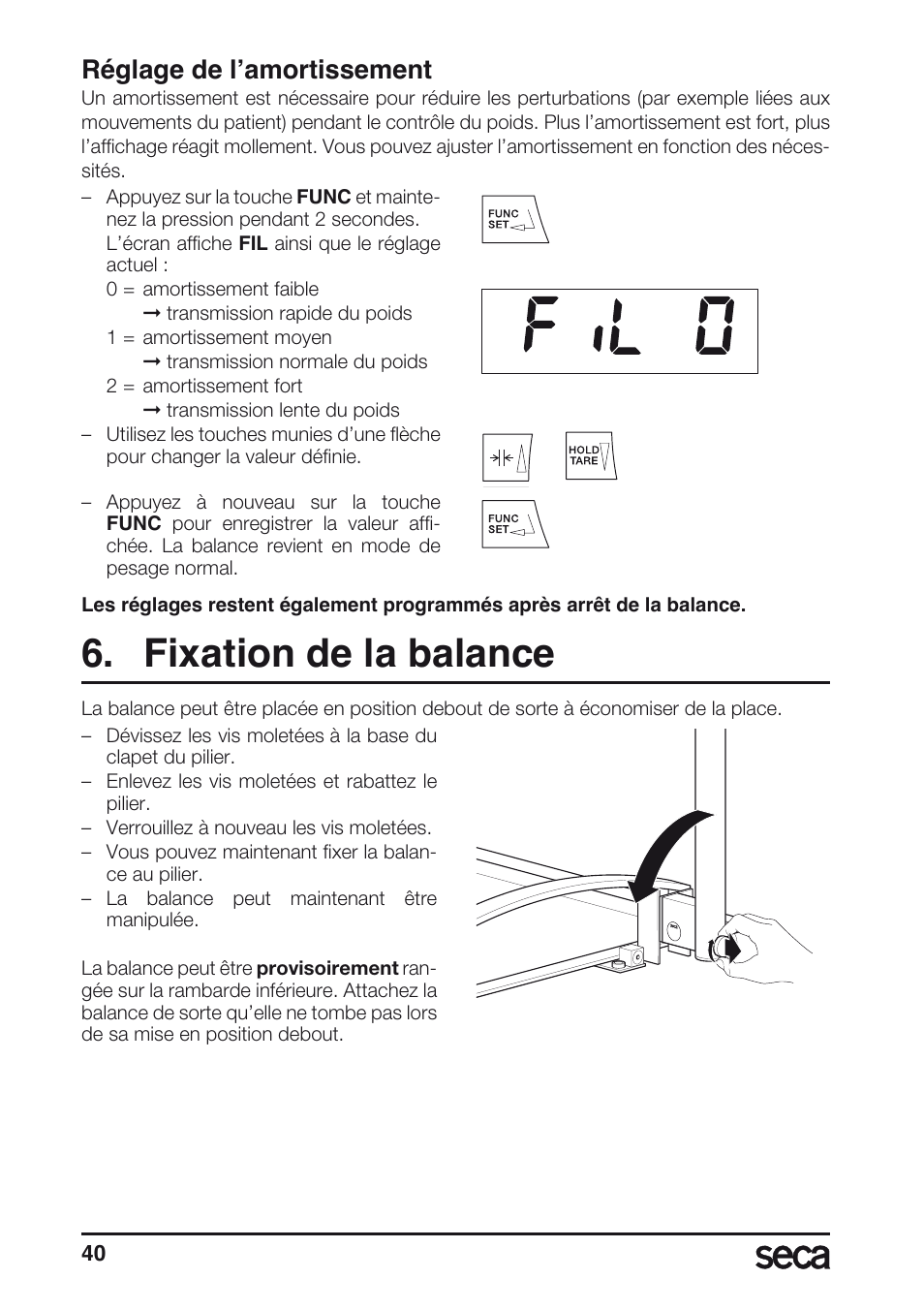 Réglage de l’amortissement, Fixation de la balance | Seca 665 User Manual | Page 40 / 188