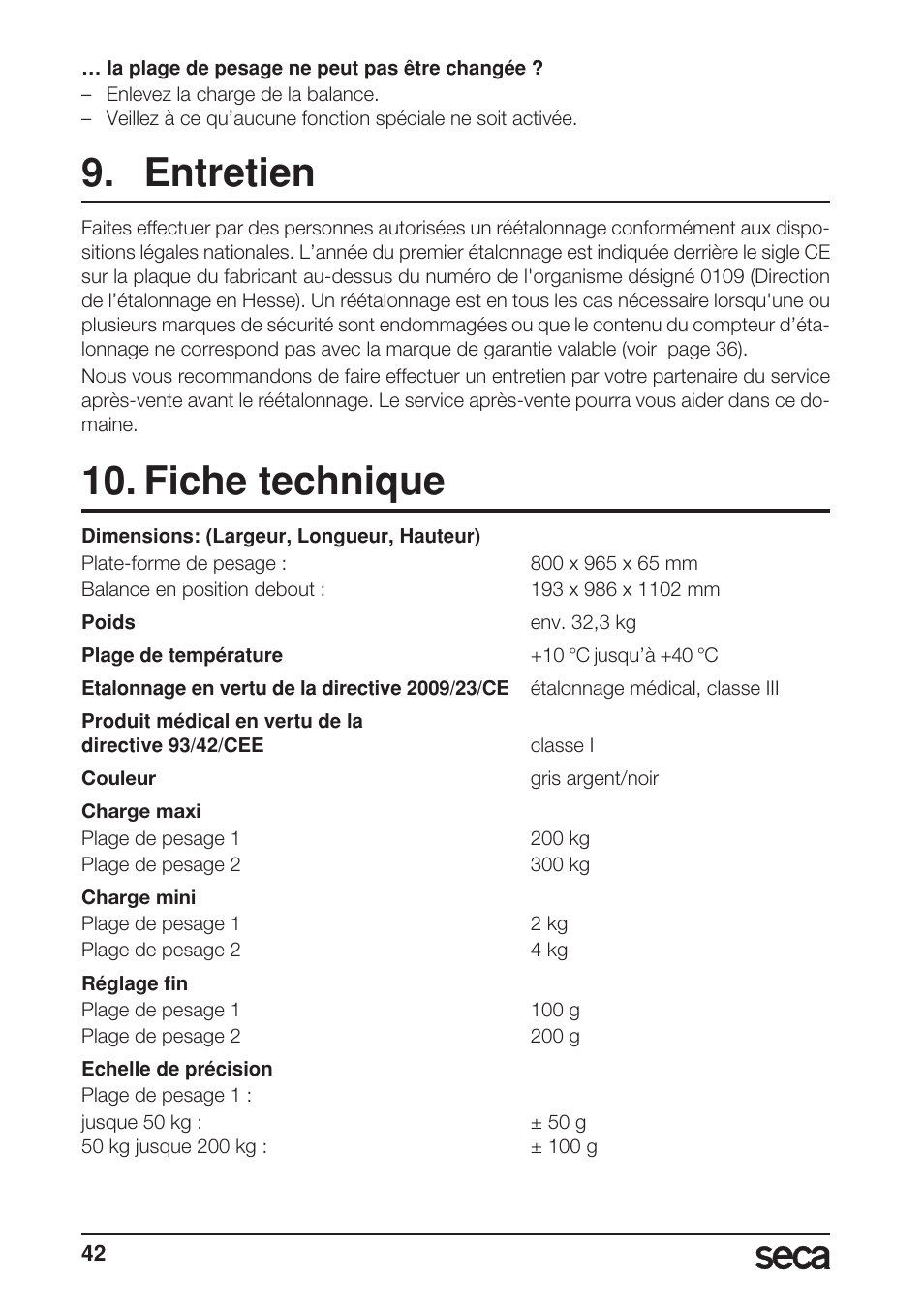 Entretien, Fiche technique | Seca 665 User Manual | Page 42 / 188