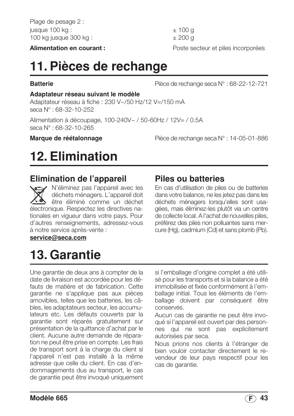Pièces de rechange, Elimination, Elimination de l’appareil | Piles et batteries, Garantie, Piles ou batteries | Seca 665 User Manual | Page 43 / 188
