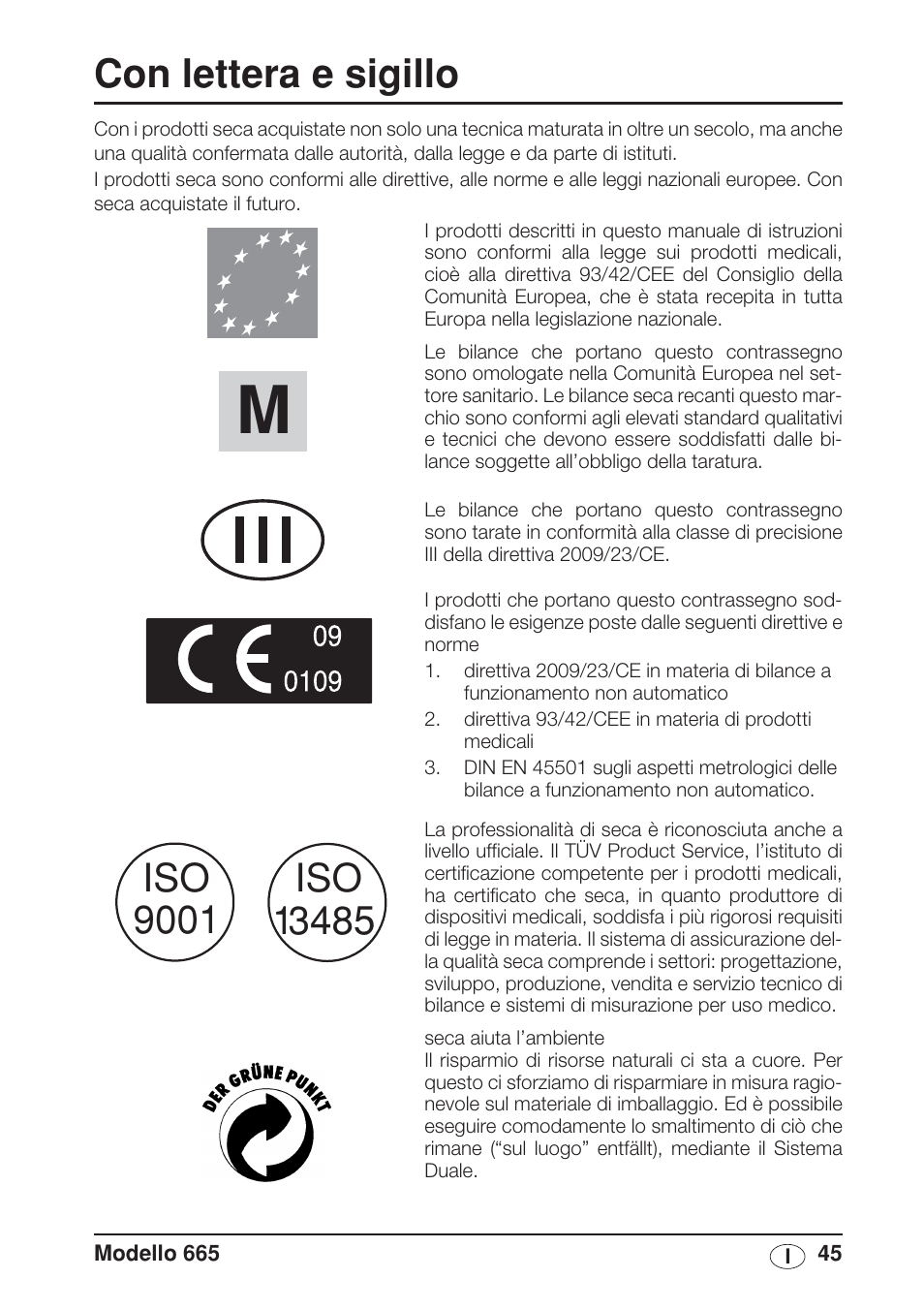 Italiano, Con lettera e sigillo | Seca 665 User Manual | Page 45 / 188