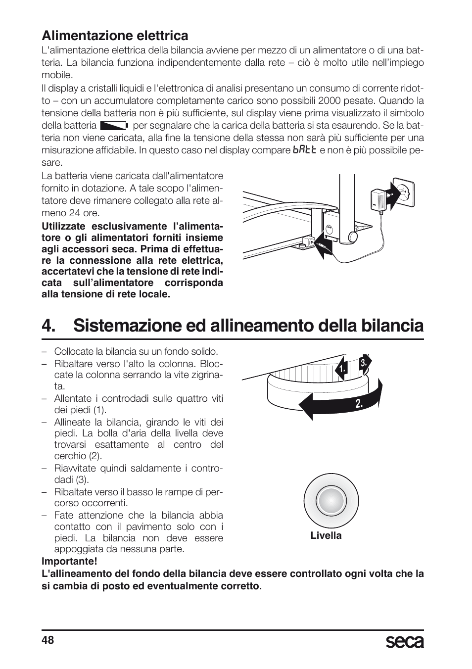 Alimentazione elettrica, Sistemazione ed allineamento della bilancia, Libelle | Seca 665 User Manual | Page 48 / 188