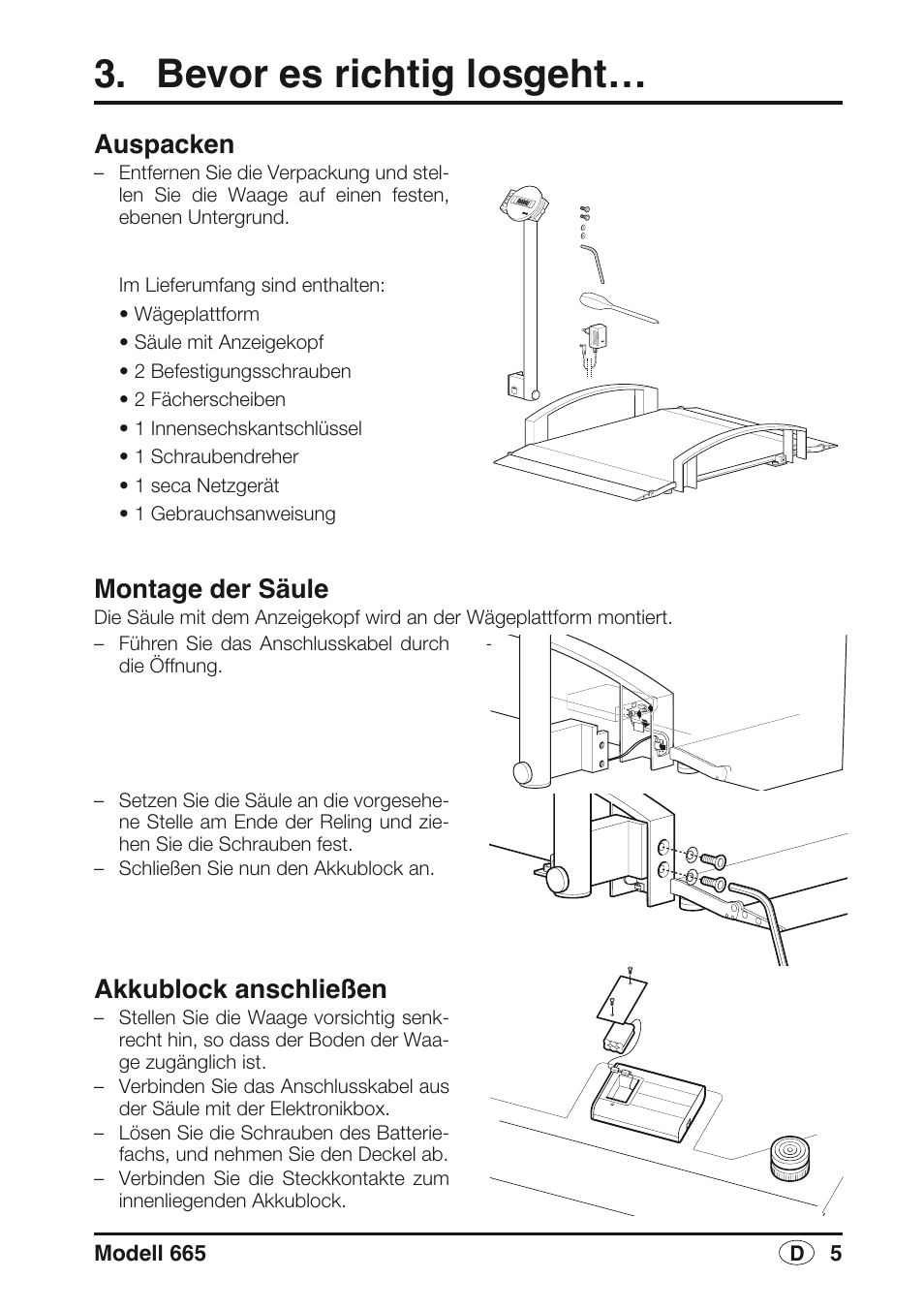 Bevor es richtig losgeht, Auspacken, Montage der säule | Akkublock anschließen | Seca 665 User Manual | Page 5 / 188