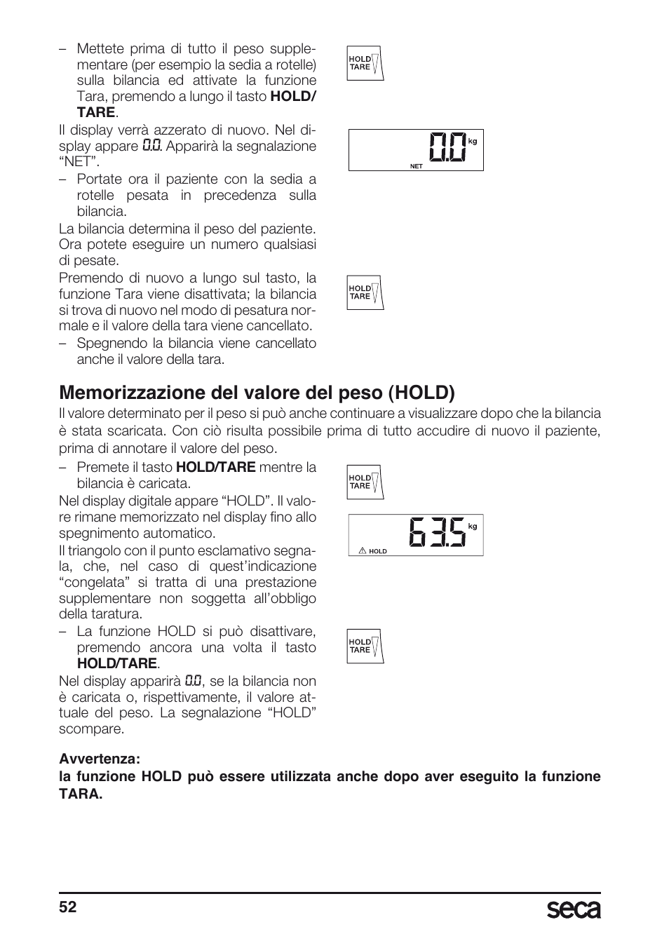 Memorizzazione del valore del peso (hold) | Seca 665 User Manual | Page 52 / 188