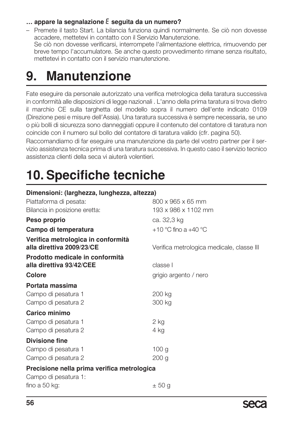 Manutenzione, Specifiche tecniche | Seca 665 User Manual | Page 56 / 188