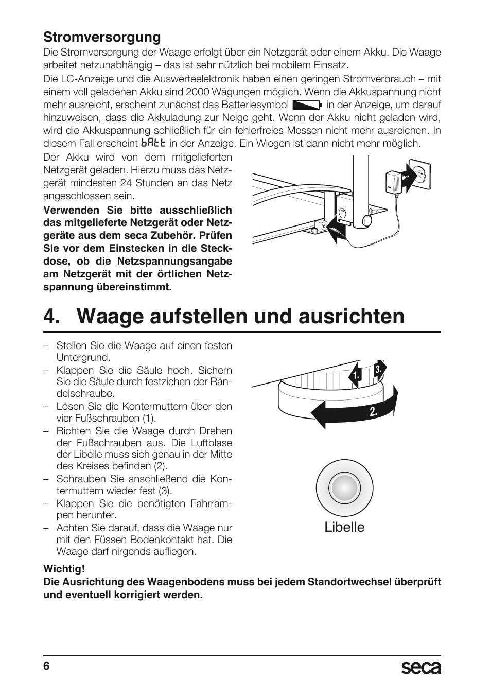 Stromversorgung, Waage aufstellen und ausrichten, Libelle | Seca 665 User Manual | Page 6 / 188