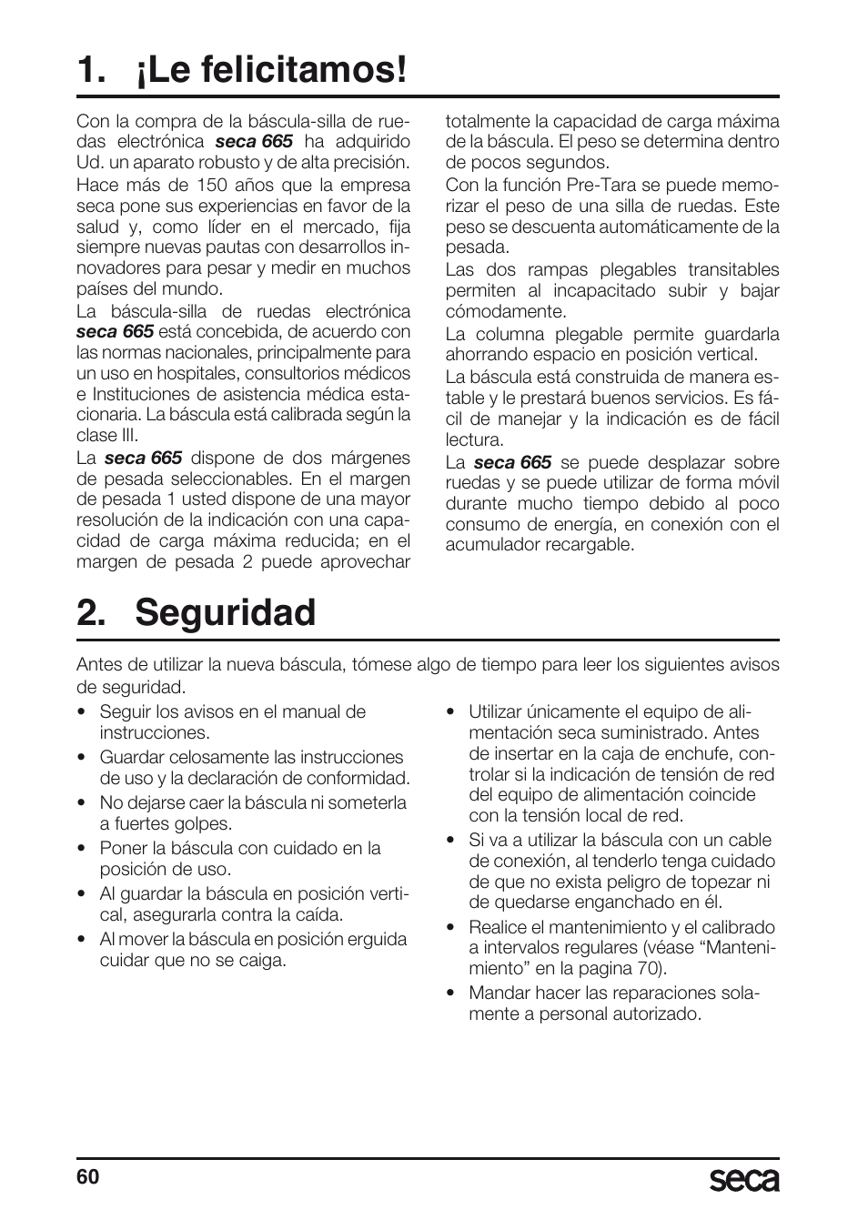 ¡le felicitamos, Seguridad | Seca 665 User Manual | Page 60 / 188