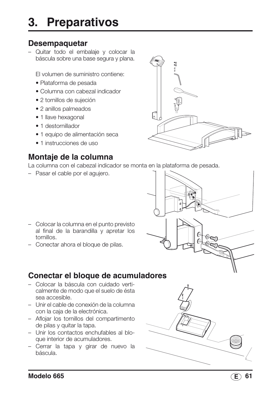 Preparativos, Desempaquetar, Montaje de la columna | Conectar el bloque de acumuladores | Seca 665 User Manual | Page 61 / 188