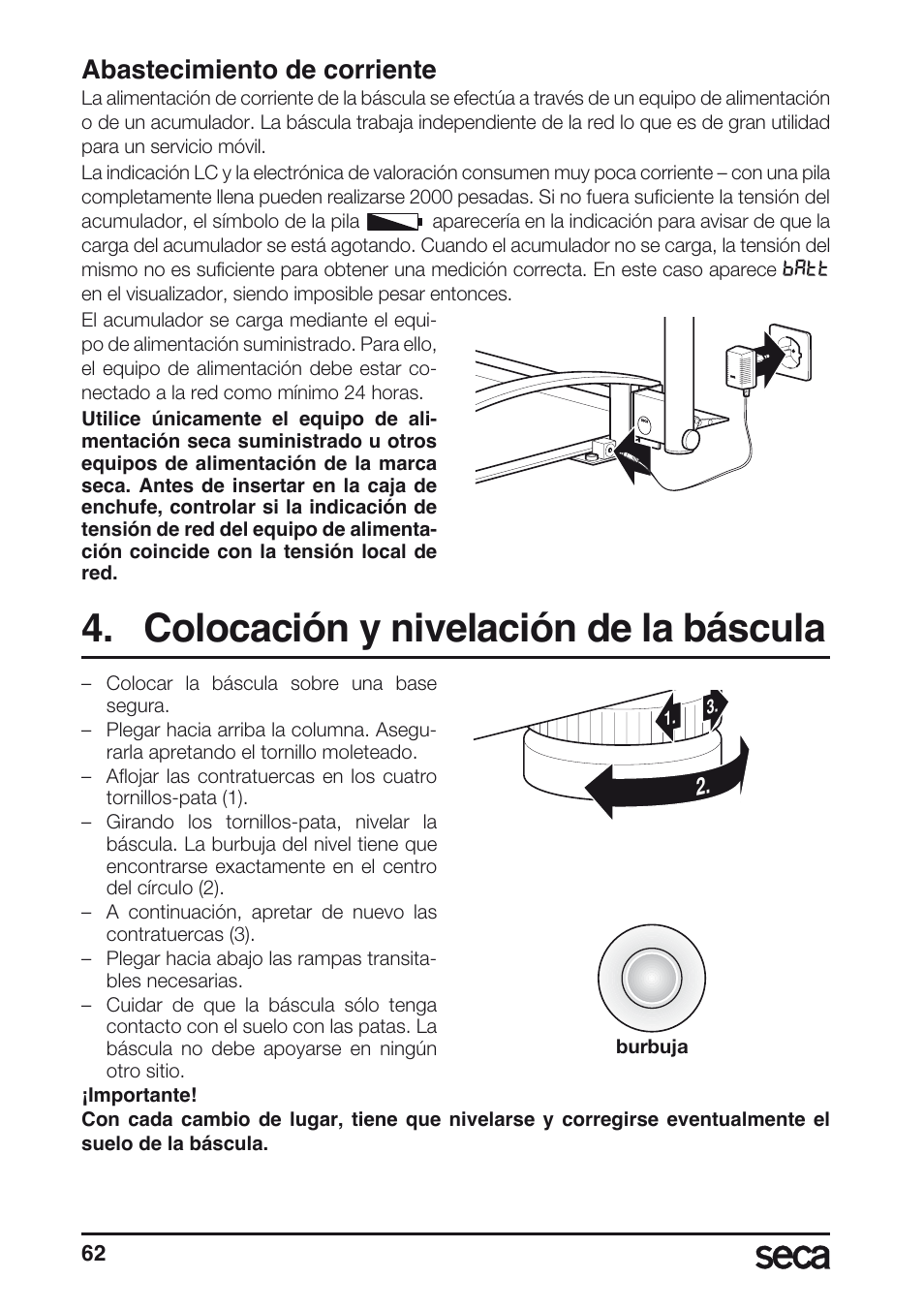 Abastecimiento de corriente, Colocación y nivelación de la báscula | Seca 665 User Manual | Page 62 / 188