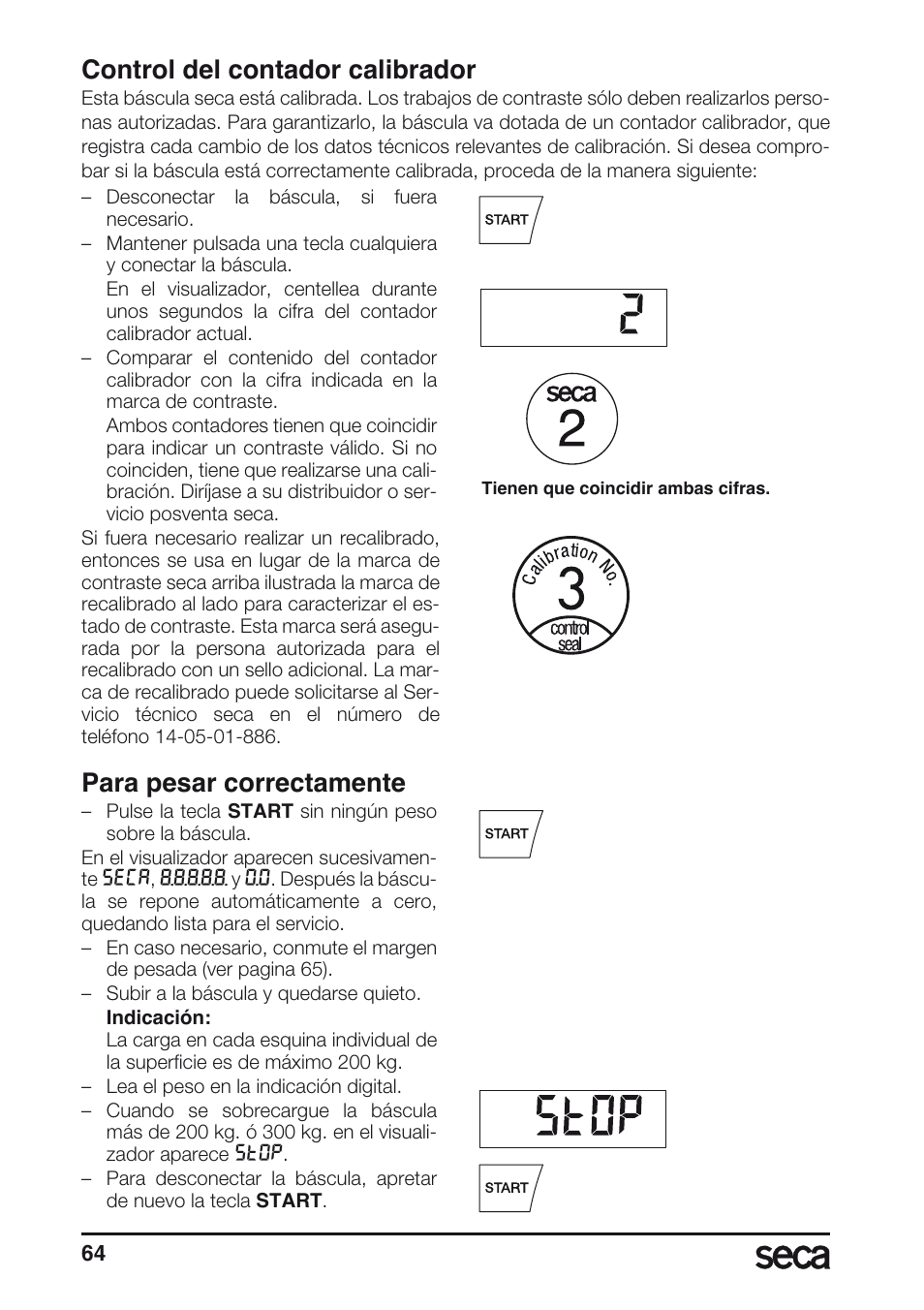 Control del contador calibrador, Para pesar correctamente | Seca 665 User Manual | Page 64 / 188