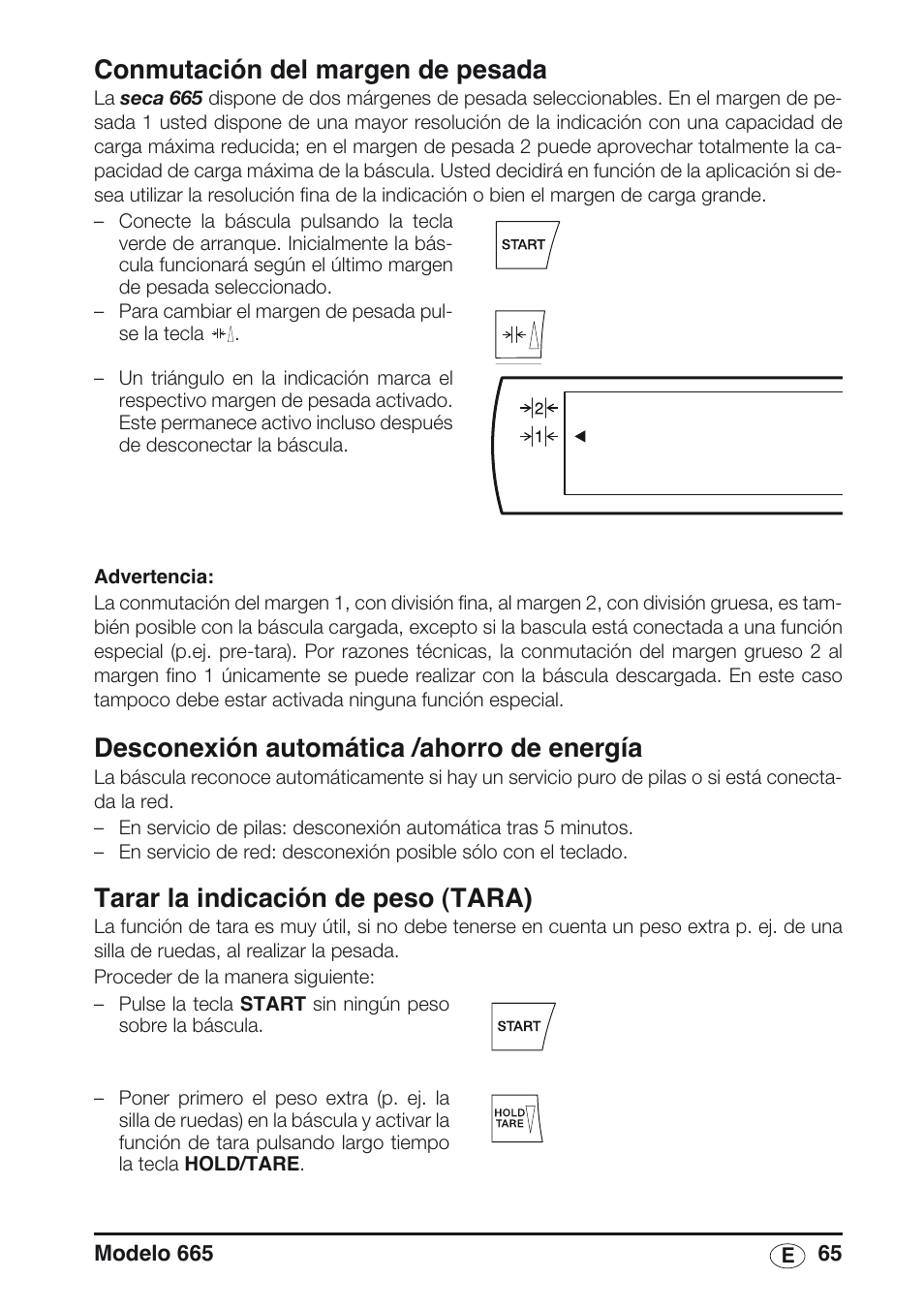 Conmutación del margen de pesada, Desconexión automática /ahorro de energía, Tarar la indicación de peso (tara) | Seca 665 User Manual | Page 65 / 188