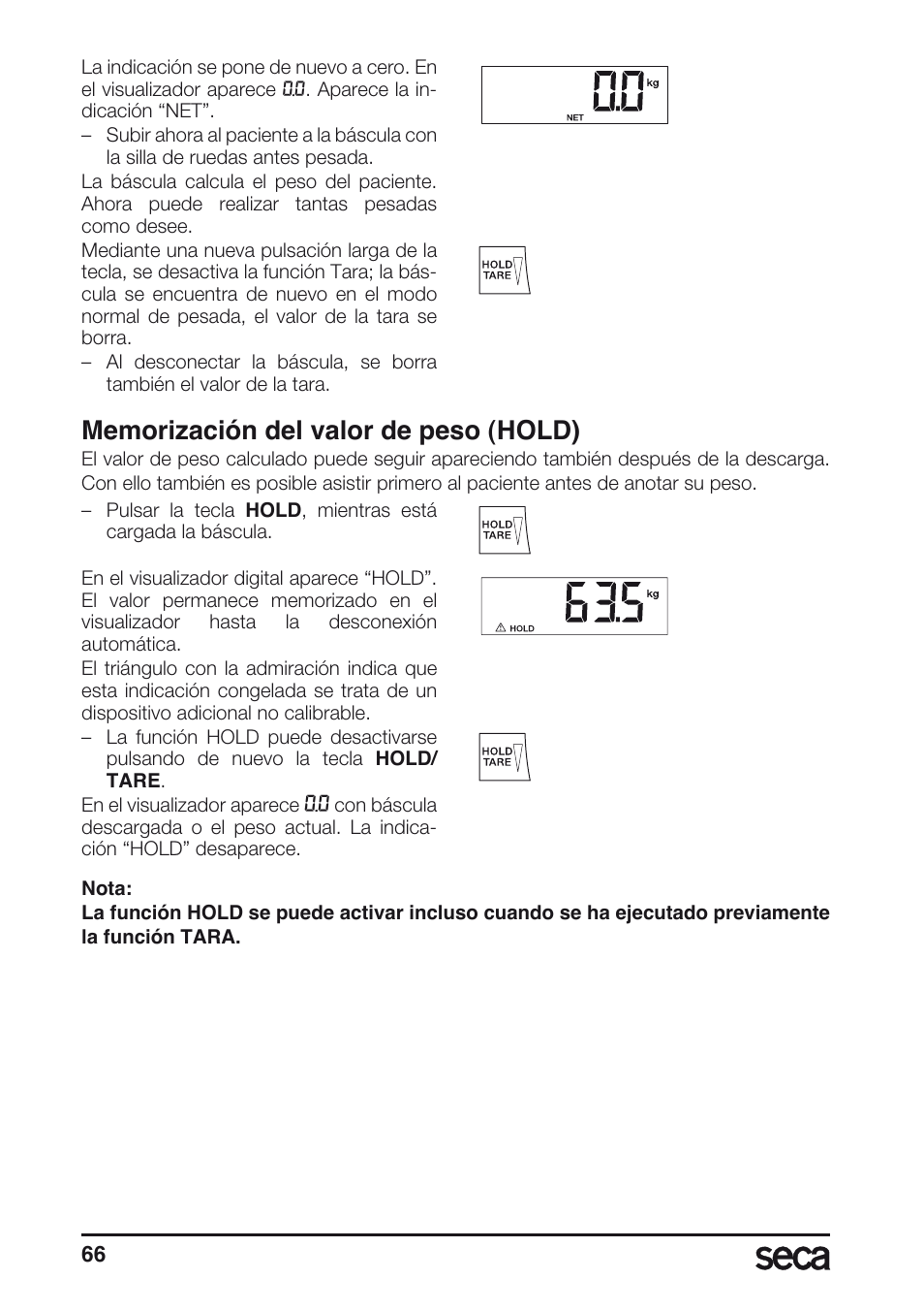 Memorización del valor de peso (hold) | Seca 665 User Manual | Page 66 / 188