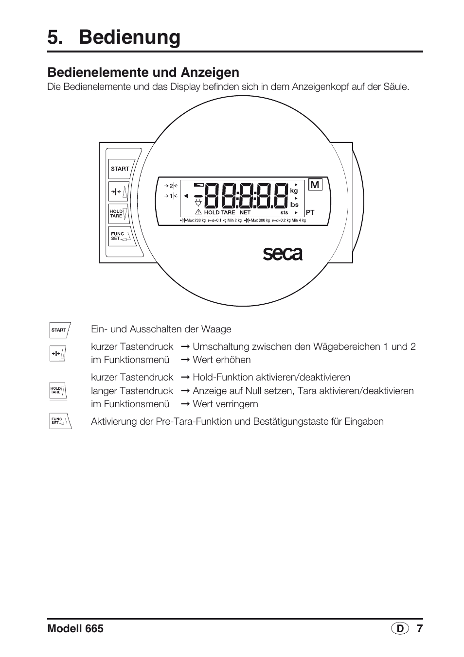 Bedienung, Bedienelemente und anzeigen | Seca 665 User Manual | Page 7 / 188