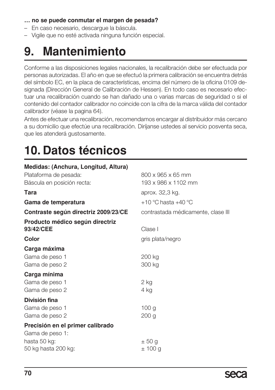 Mantenimiento, Datos técnicos | Seca 665 User Manual | Page 70 / 188