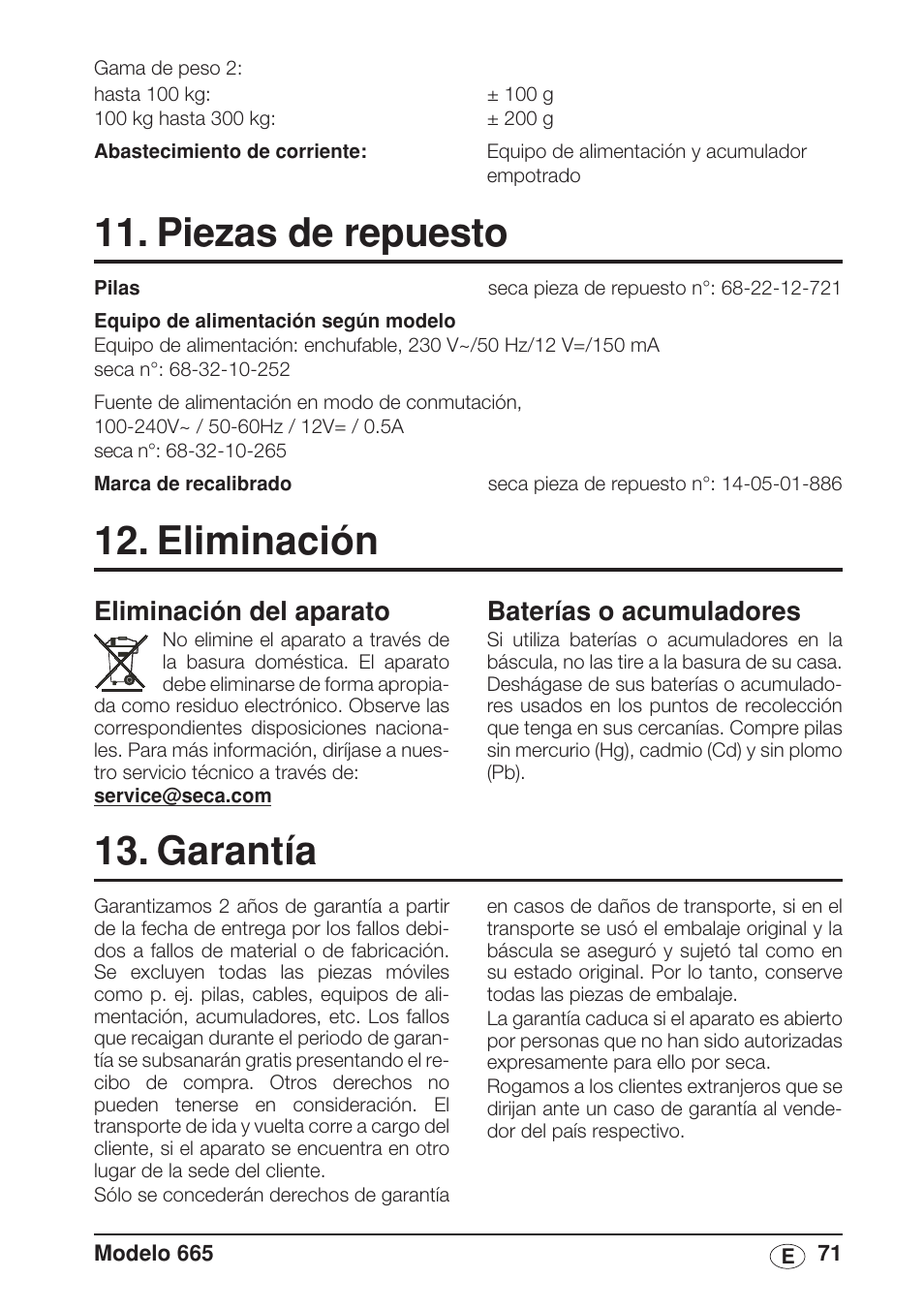 Piezas de repuesto, Eliminación, Eliminación del aparato | Baterías y acumuladores, Garantía, Baterías o acumuladores | Seca 665 User Manual | Page 71 / 188