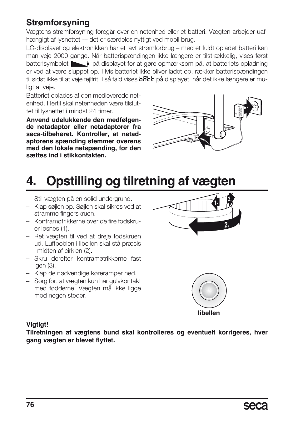 Strømforsyning, Opstilling og tilretning af vægten | Seca 665 User Manual | Page 76 / 188