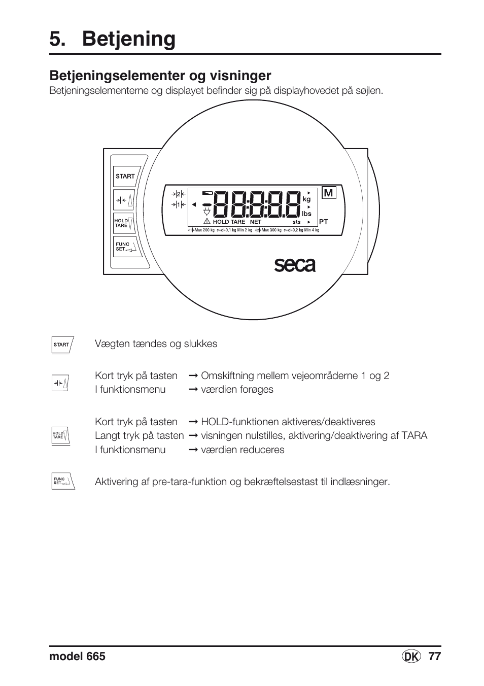 Betjening, Betjeningselementer og visninger | Seca 665 User Manual | Page 77 / 188