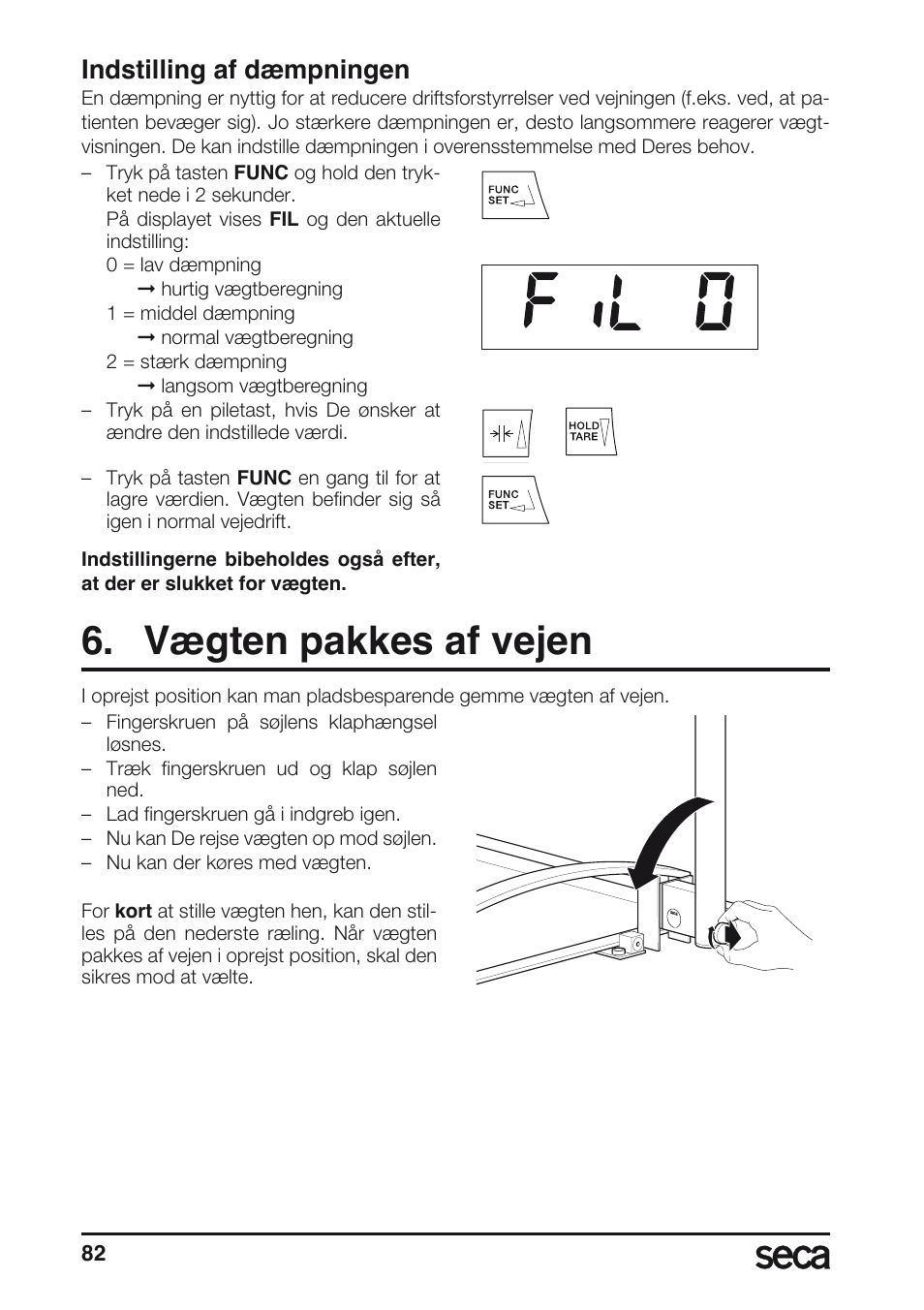 Indstilling af dæmpningen, Vægten pakkes af vejen | Seca 665 User Manual | Page 82 / 188