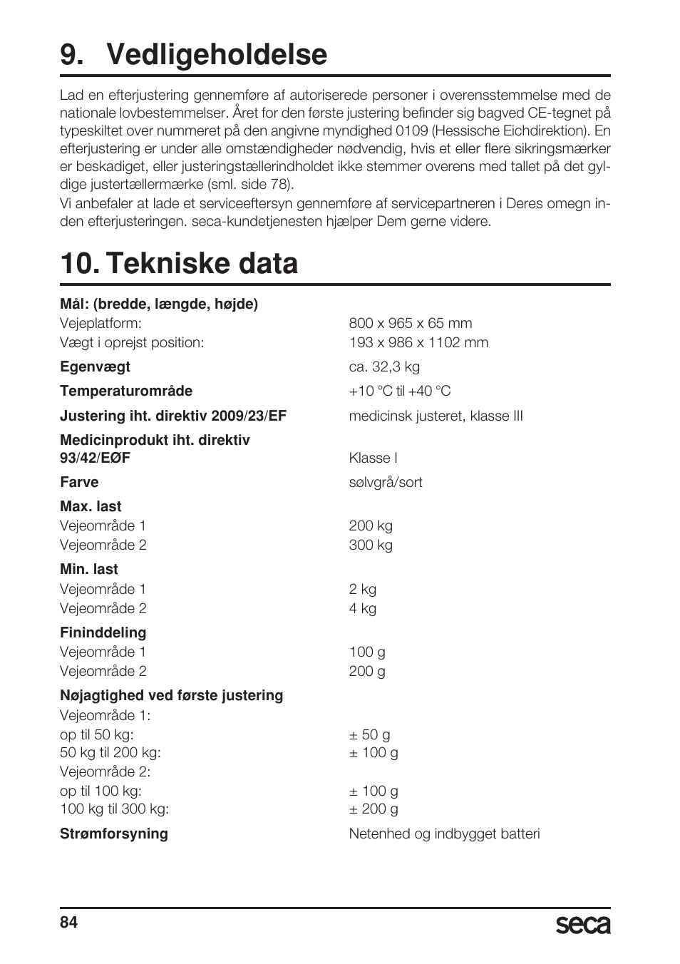 Vedligeholdelse, Tekniske data | Seca 665 User Manual | Page 84 / 188