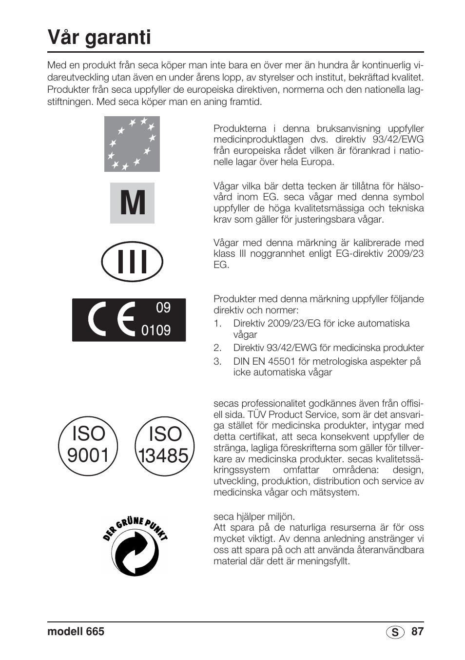 Svenska, Vår garanti | Seca 665 User Manual | Page 87 / 188