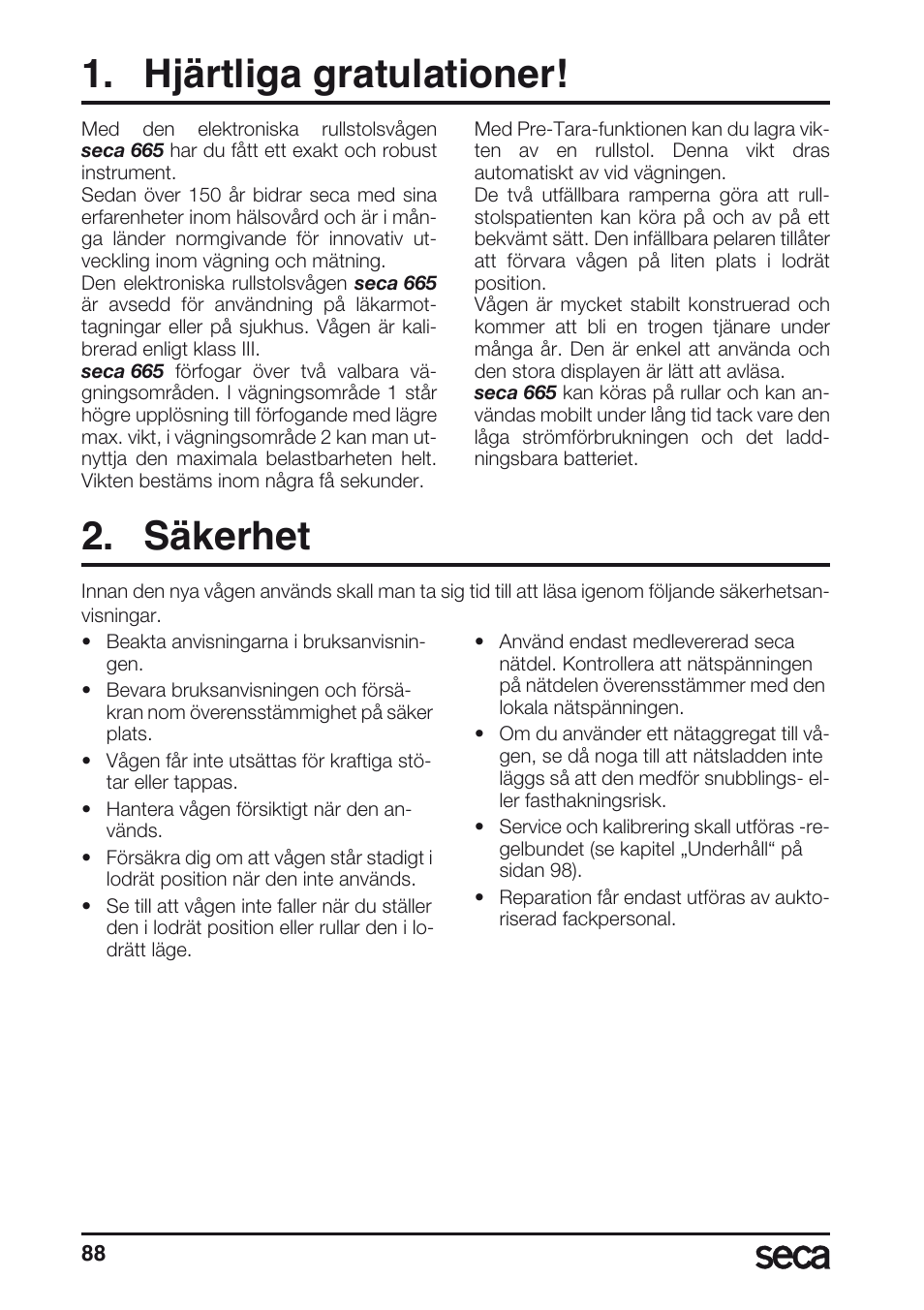 Hjärtliga gratulationer, Säkerhet | Seca 665 User Manual | Page 88 / 188