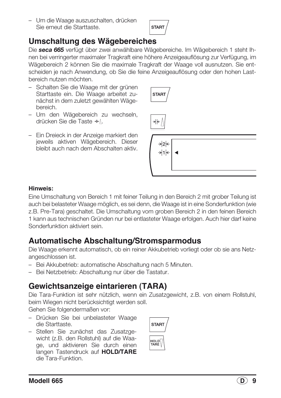 Umschaltung des wägebereiches, Automatische abschaltung/stromsparmodus, Gewichtsanzeige eintarieren (tara) | Seca 665 User Manual | Page 9 / 188