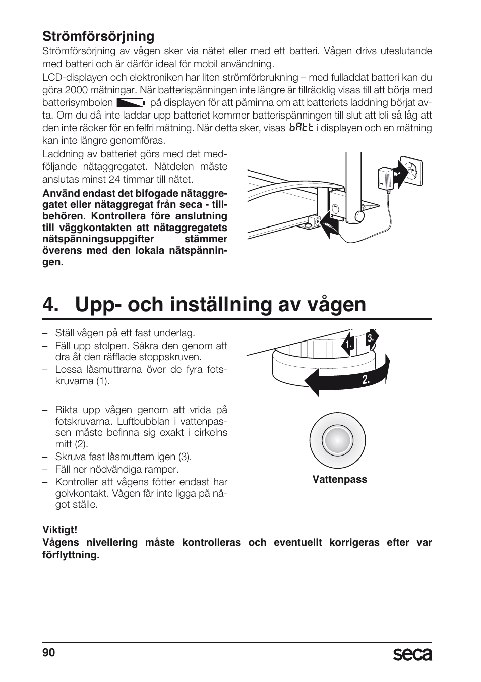 Strömförsörjning, Upp- och inställning av vågen, Libelle | Seca 665 User Manual | Page 90 / 188