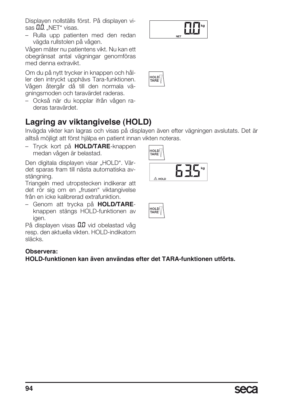 Lagring av viktangivelse (hold) | Seca 665 User Manual | Page 94 / 188