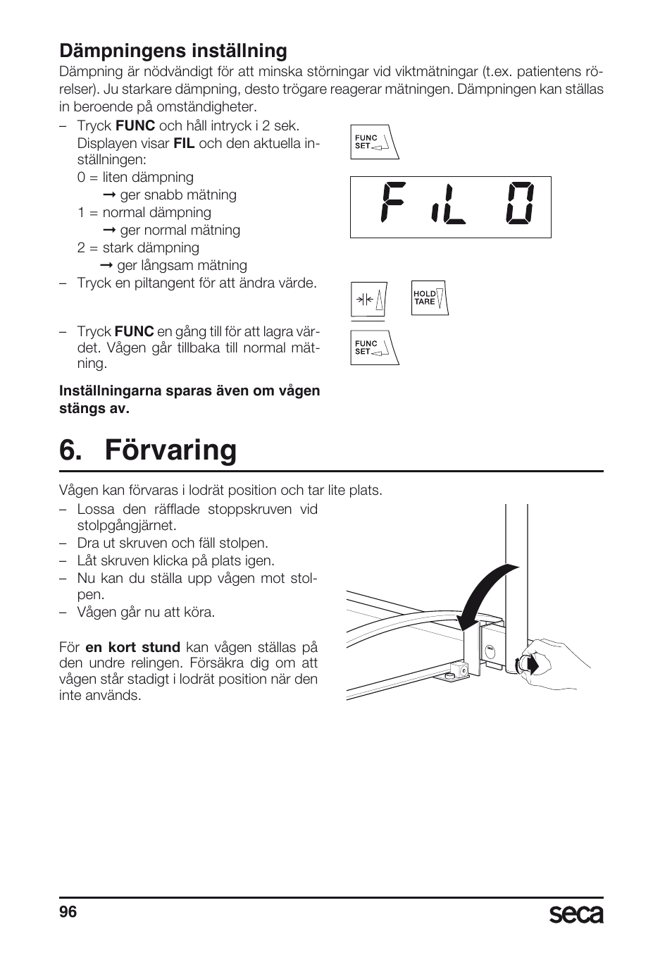 Dämpningens inställning, Förvaring | Seca 665 User Manual | Page 96 / 188