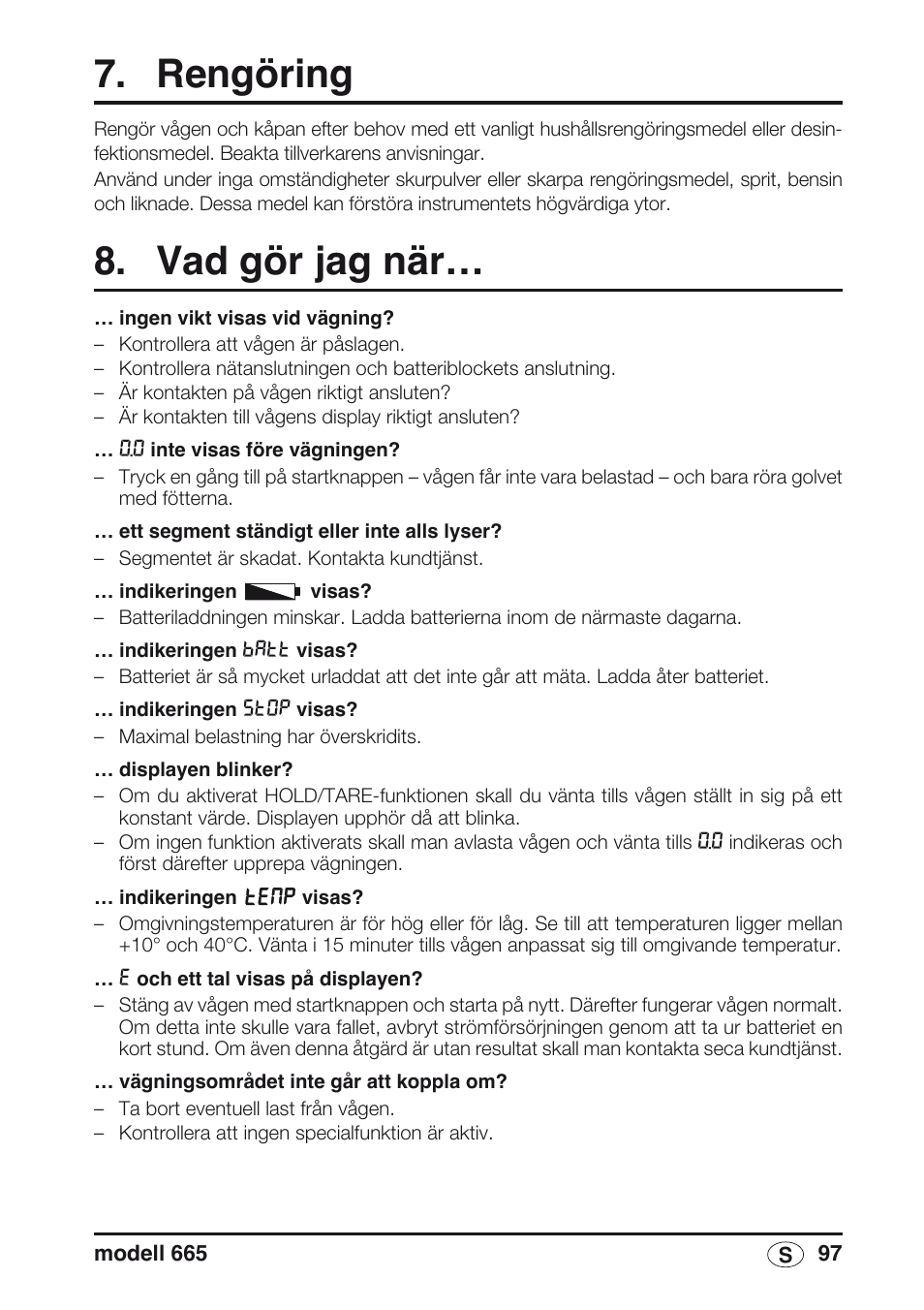Rengöring, Vad gör jag när | Seca 665 User Manual | Page 97 / 188