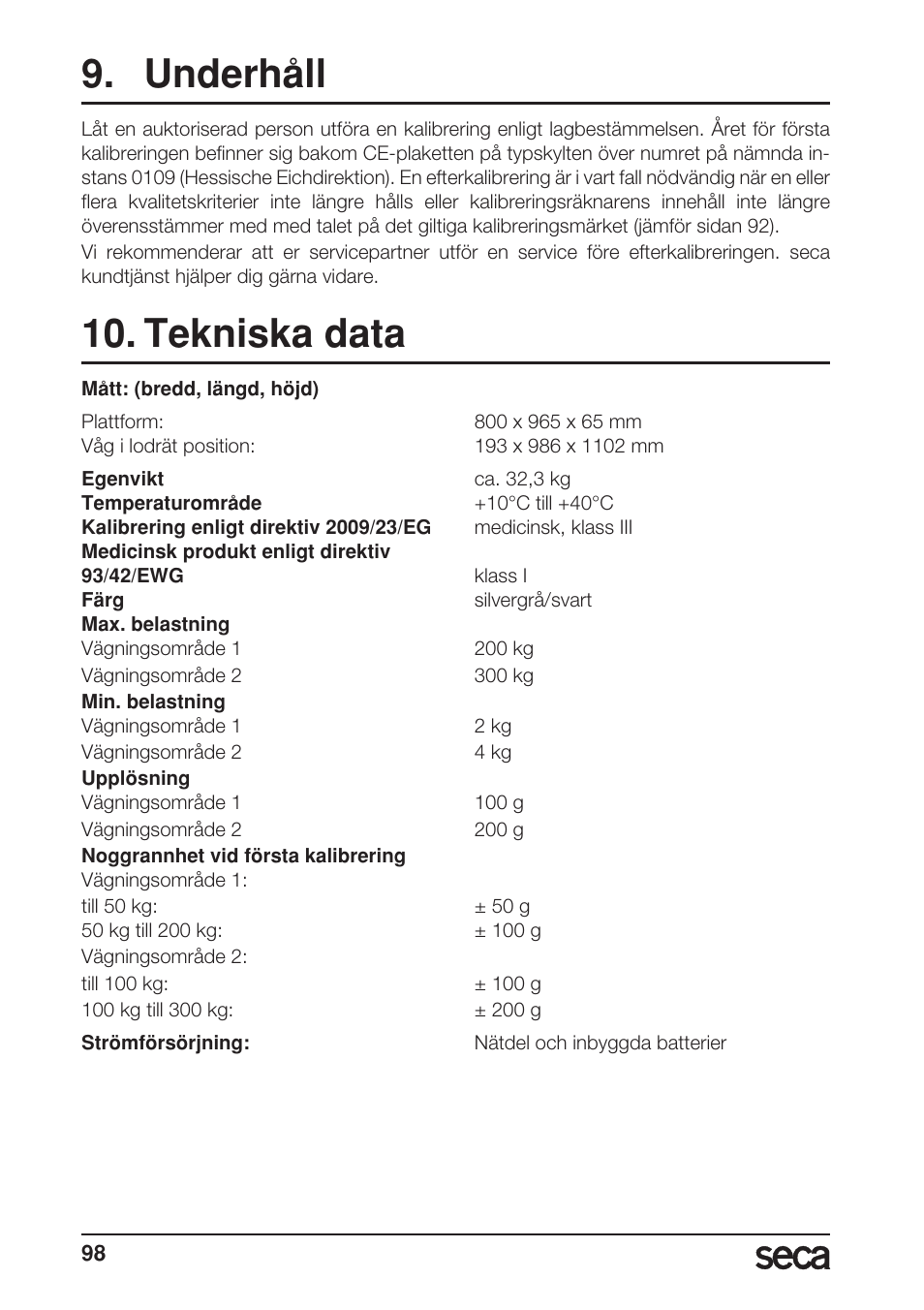Underhåll, Tekniska data | Seca 665 User Manual | Page 98 / 188