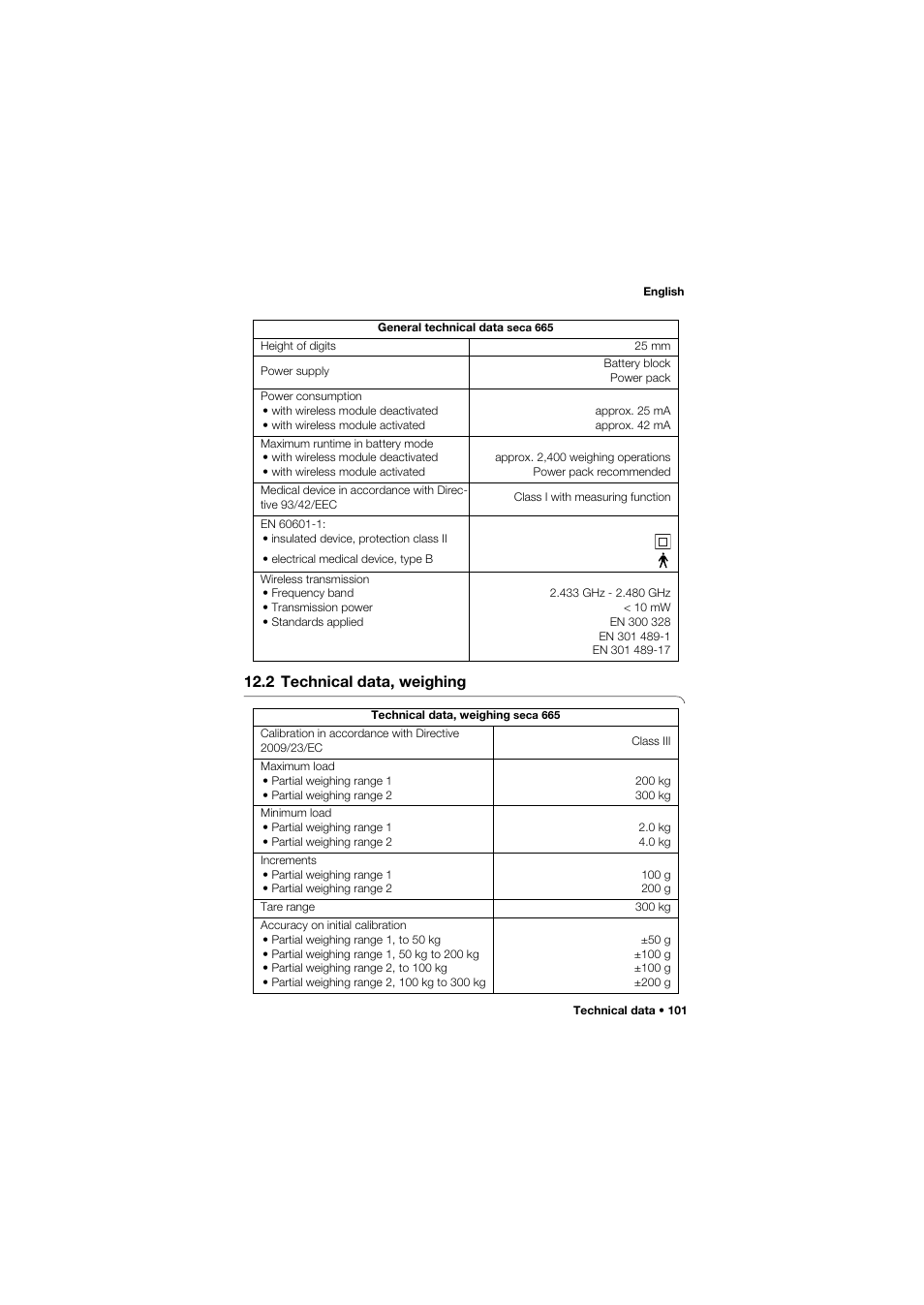 2 technical data, weighing | Seca 665 User Manual | Page 101 / 377