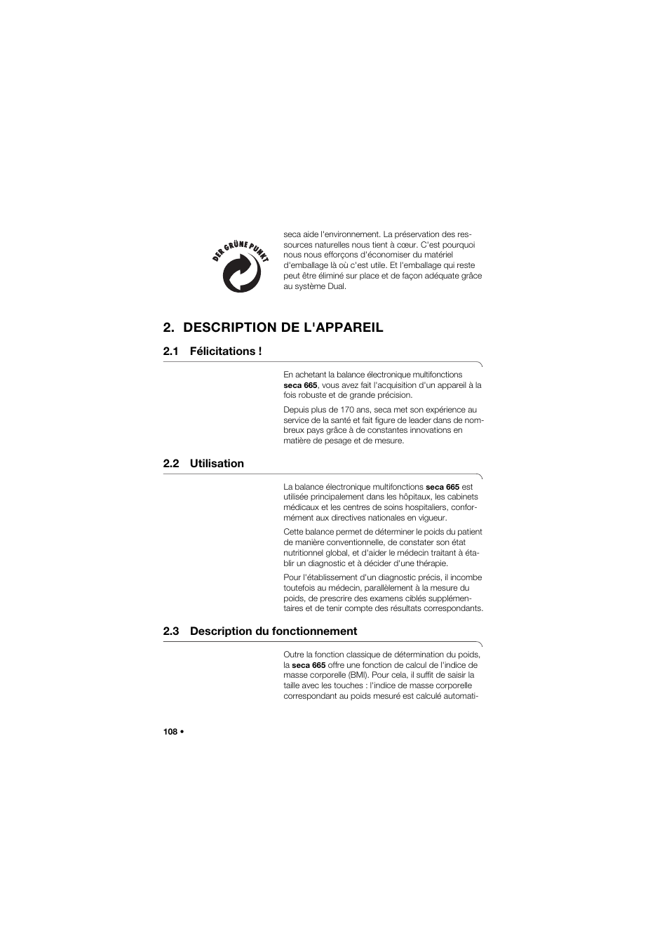 Description de l'appareil, 1 félicitations, 2 utilisation | 3 description du fonctionnement | Seca 665 User Manual | Page 108 / 377