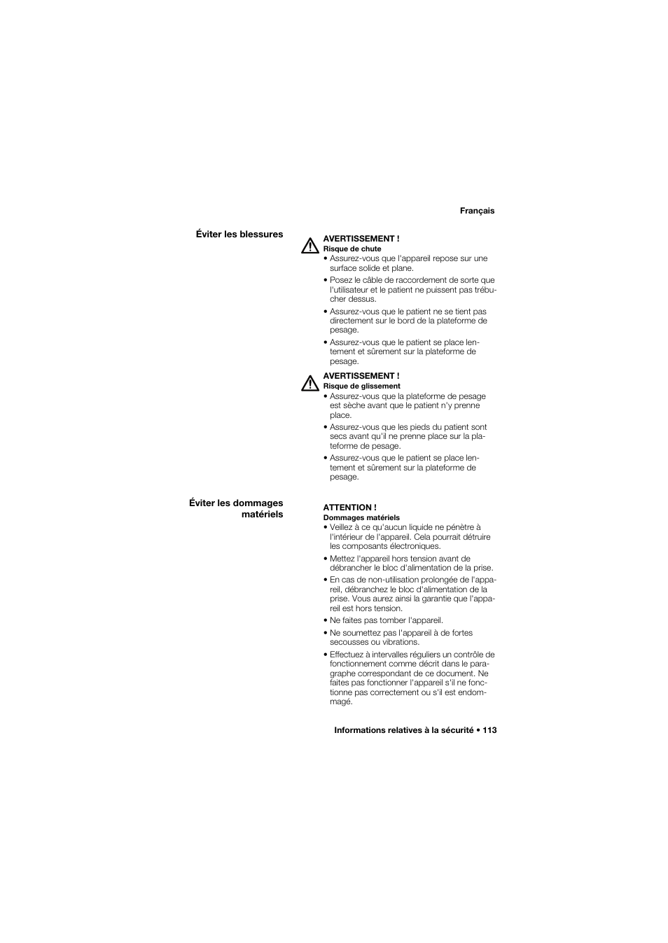 Éviter les blessures, Éviter les dommages matériels | Seca 665 User Manual | Page 113 / 377