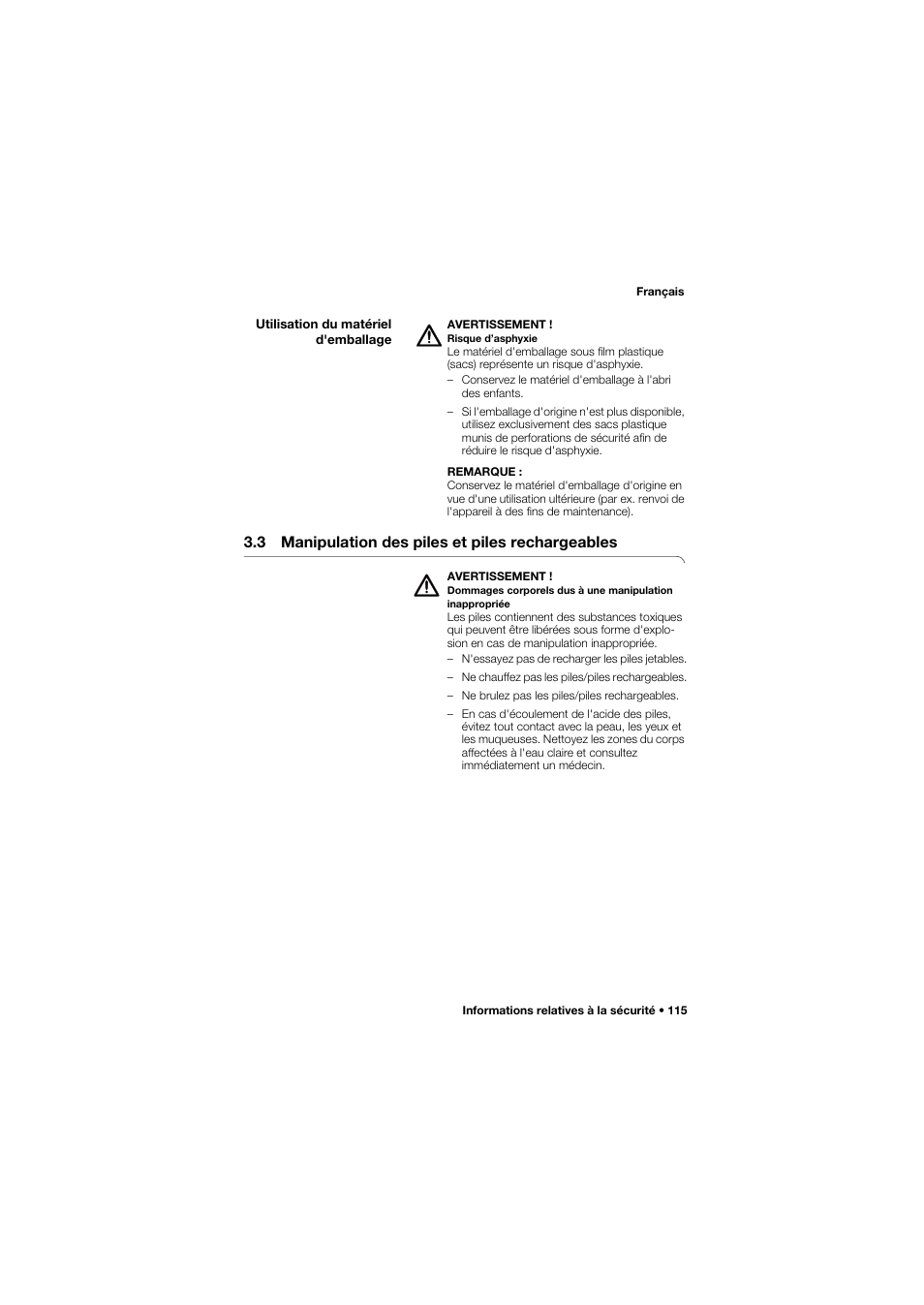 Utilisation du matériel d'emballage, 3 manipulation des piles et piles rechargeables | Seca 665 User Manual | Page 115 / 377